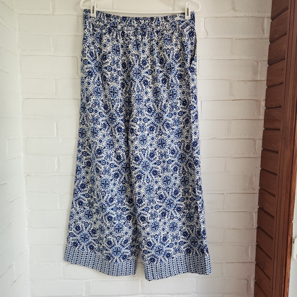 Joie Wide Leg Cropped Linen Blend Pant Boho Blue Pockets Print Tie Front Size 8 - Picture 5 of 7